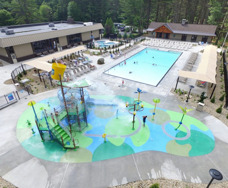 Overhead view of pool area and water park area