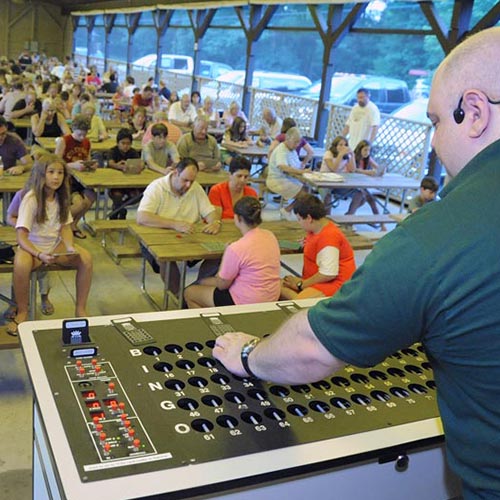 Families and friends playing bingo in our pavilion