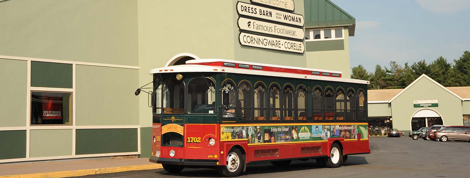 Our trolley Arvie at the Lake George Outlets