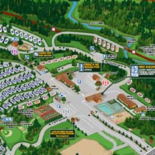 A section of the Lake George RV Park map. Featuring the French Mountain Trading post and office when entering the main entrance of the park. You can see numerous sites as well as a pool.