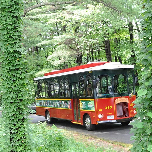 Charlie the Trolley driving down road in park