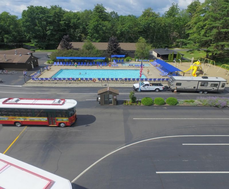 Aerial view of entrance with trolley and RV