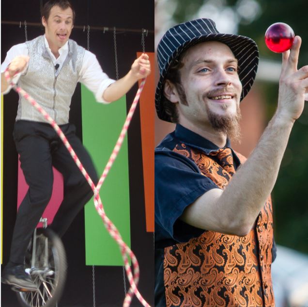 A man jump roping on a unicycle and another man balancing a ball on his finger